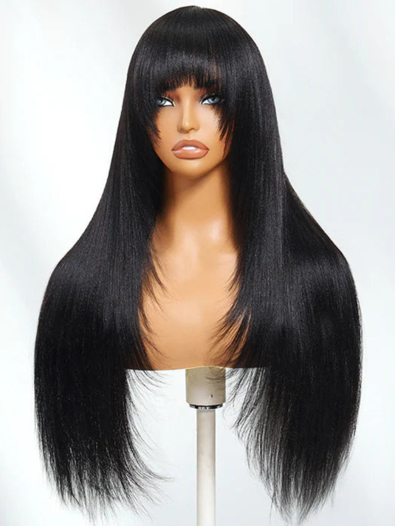 Sunber 7x5 Pre Cut Yaki Straight Natural Black Human Hair Glueless Lace Wig With Bangs