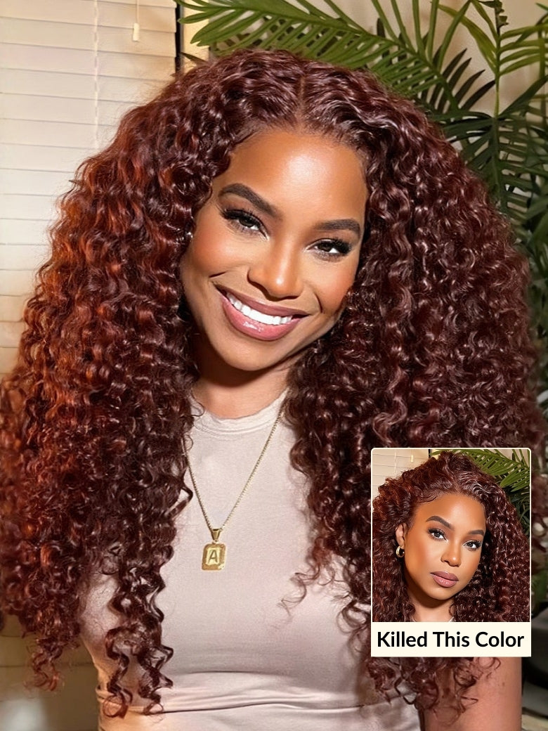 Sunber 7×5 Pre Cut Lace Reddish Brown Jerry Curly Bye Bye Knots Wig With Invisi Drawstring