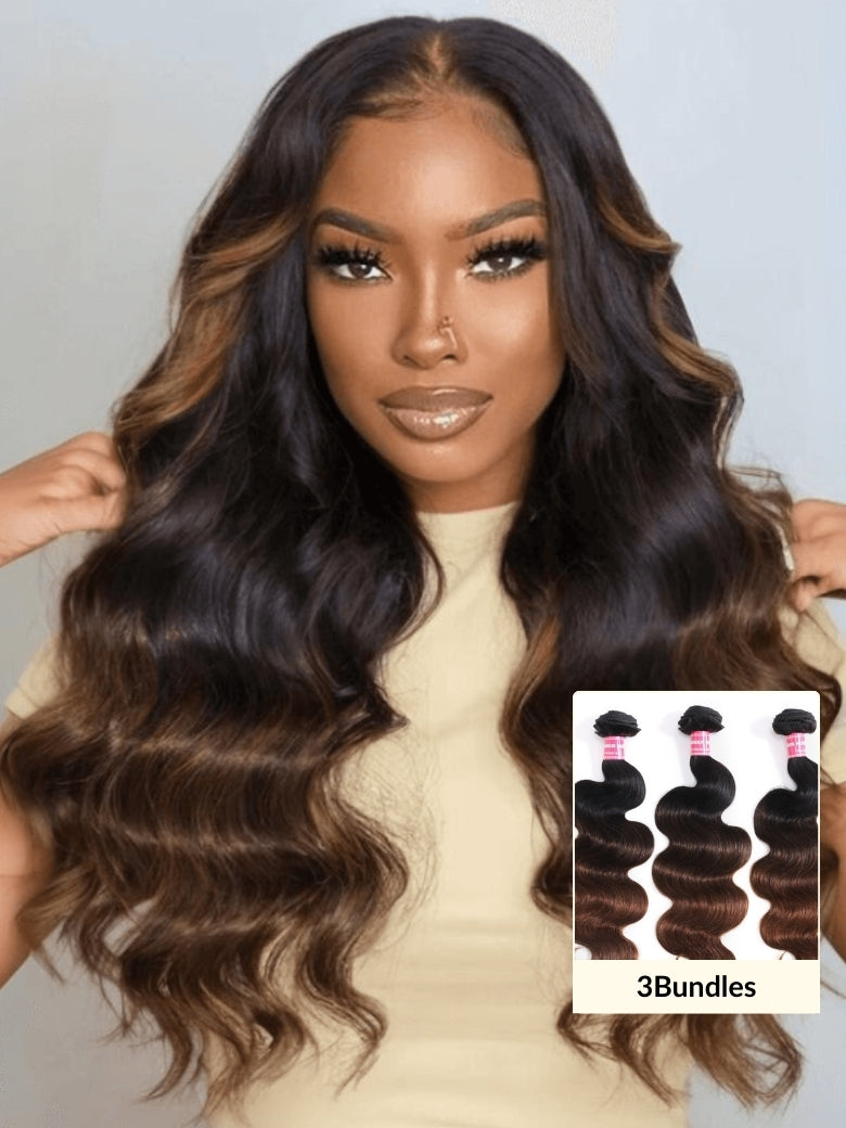 Sunber Body Wave 2/3/4Pcs Virgin Hair Extensions With Black to Chestnut Brown Ombre Bundles