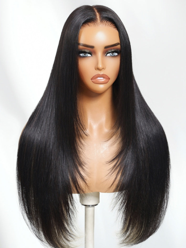 Sunber 7x5 Pre Cut Black Blond Straight Layered Peekaboo Highlights Lace Wigs With Invisi Drawstring