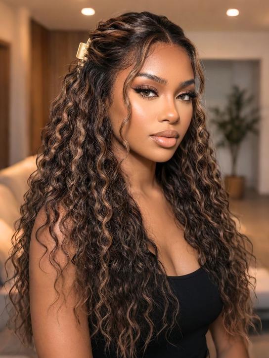 Extra 50% Off | Sunber Golden Brown Highlights 7x5 Bye Bye Knots Yaki Straight Lace Water Wave Lace Closure Wig With Pre Bleached Tiny Knots