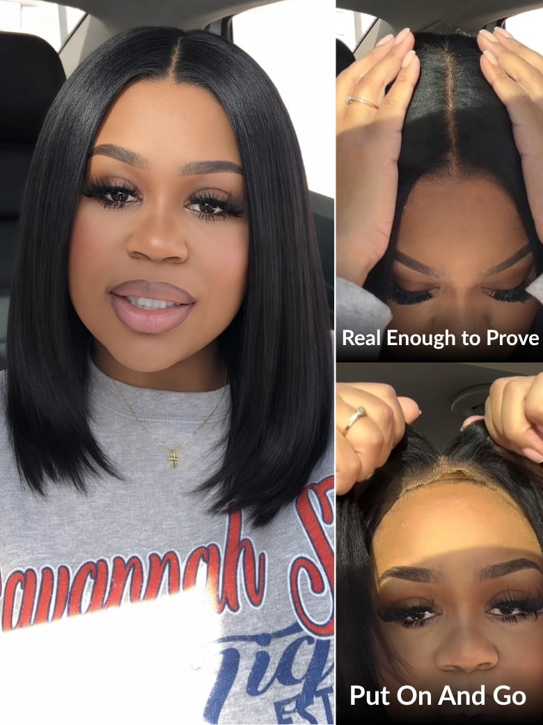 Flash Sale Sunber Blunt Cut Light Yaki Straight 7x5 Pre-Cut Lace Bye Bye Knots Glueless Bob Wig Pre-plucked
