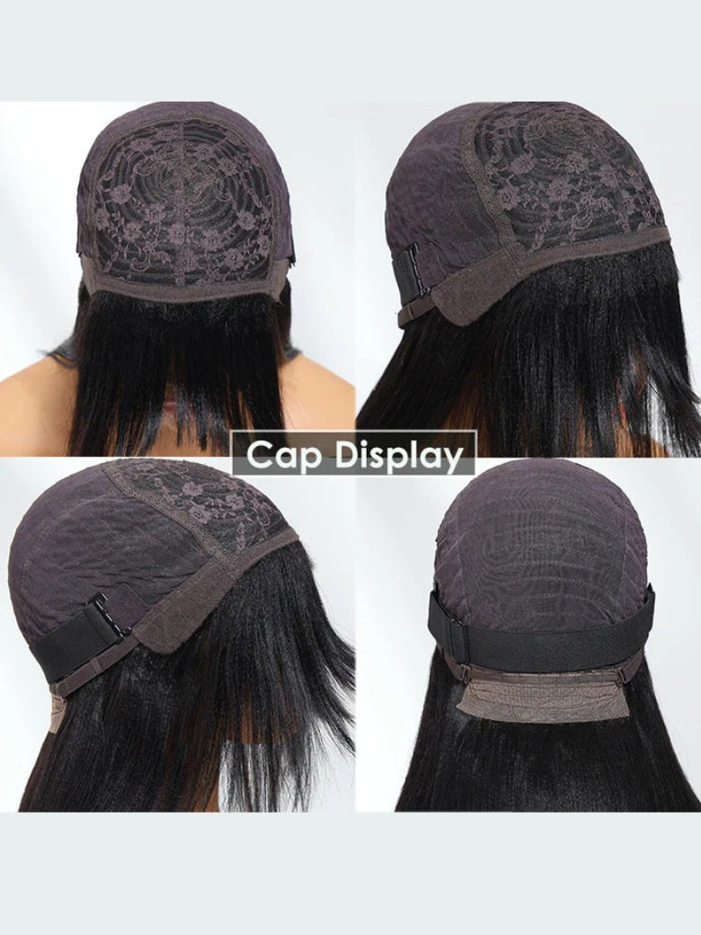Sunber 7x5 Pre Cut Yaki Straight Natural Black Human Hair Glueless Lace Wig With Bangs