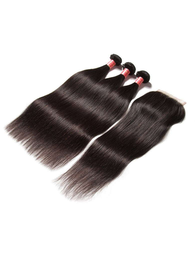 Sunber Hair Indian Virgin Hair Silky Straight Hair 3 Bundles With 4x4 Lace Closure, 8A Human Flash SaleHair Weaves