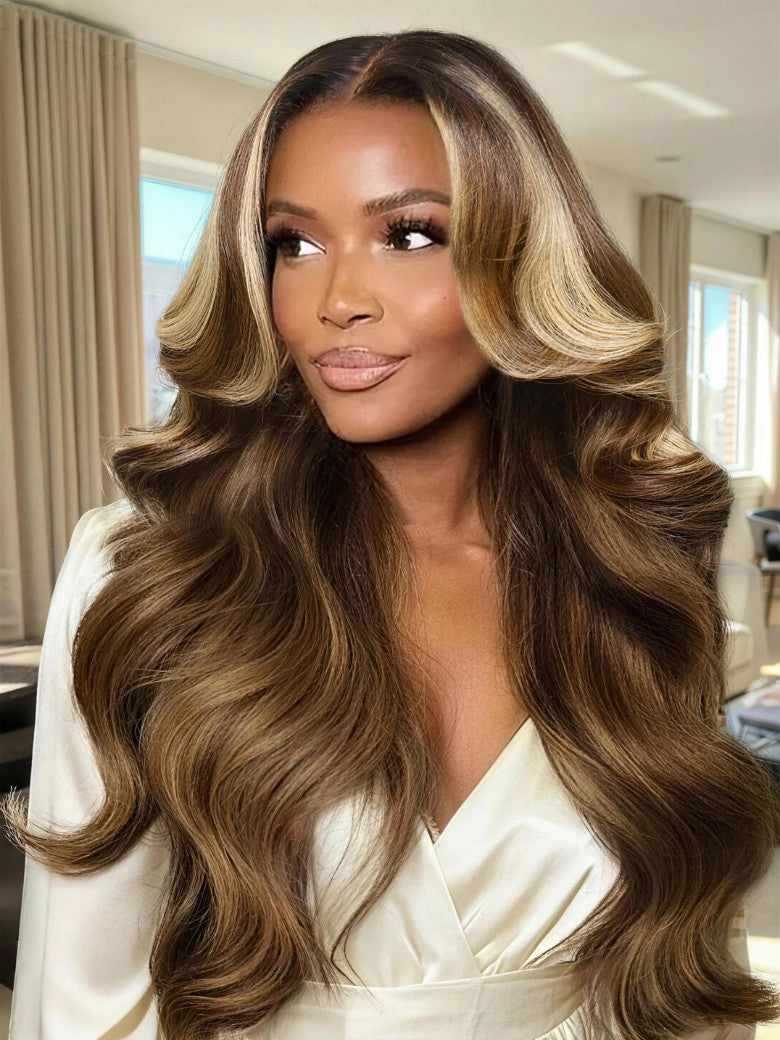 Sunber Honey Chestnut Brown 13x4 Pre Everything Lace Frontal Highlights Wig With Face Framing Curtain Bangs