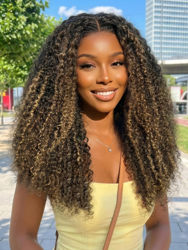 Sunber 7x5 Pre Cut Brown With Honey Blonde highlights On Black Hair Curly Lace Wig With Invisi Drawstring Flash Sale