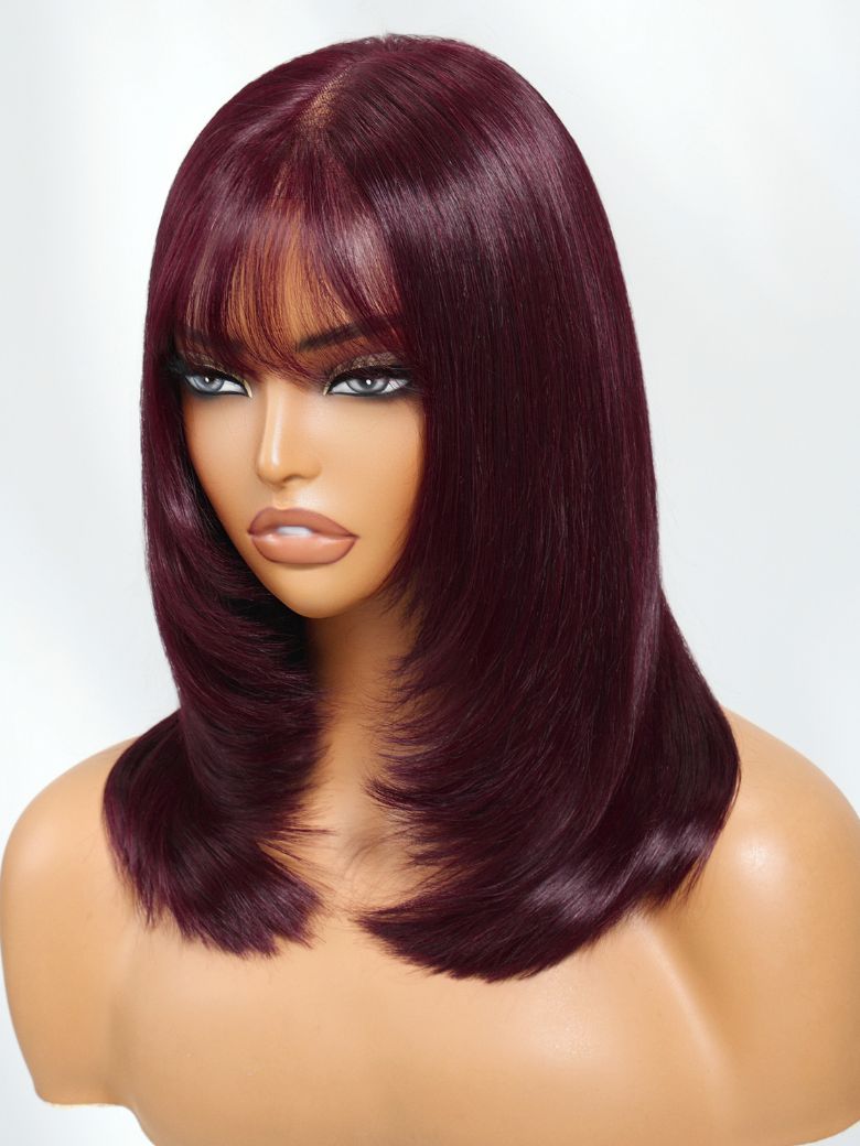 Sunber Purple Black Cherry Wispy Blow Out 7x5 Pre Cut Lace Loose Wave Bob Wig With Invisi Drawstring
