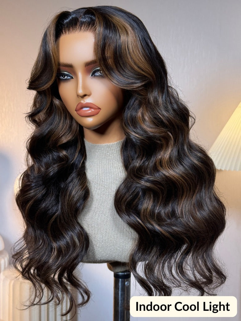 Sunber 7x5 Pre Cut Golden Brown Highlights Bye Bye Knots Body Wave Lace Wig With Invisi Drawstring