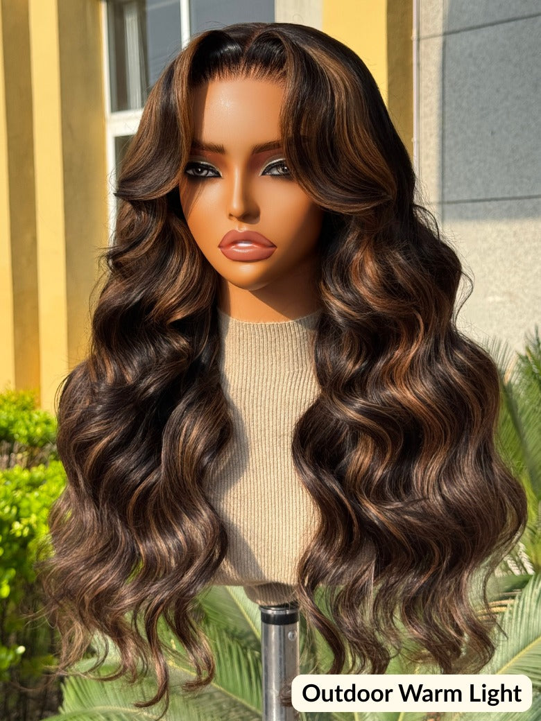 Sunber 7x5 Pre Cut Golden Brown Highlights Bye Bye Knots Body Wave Lace Wig With Invisi Drawstring