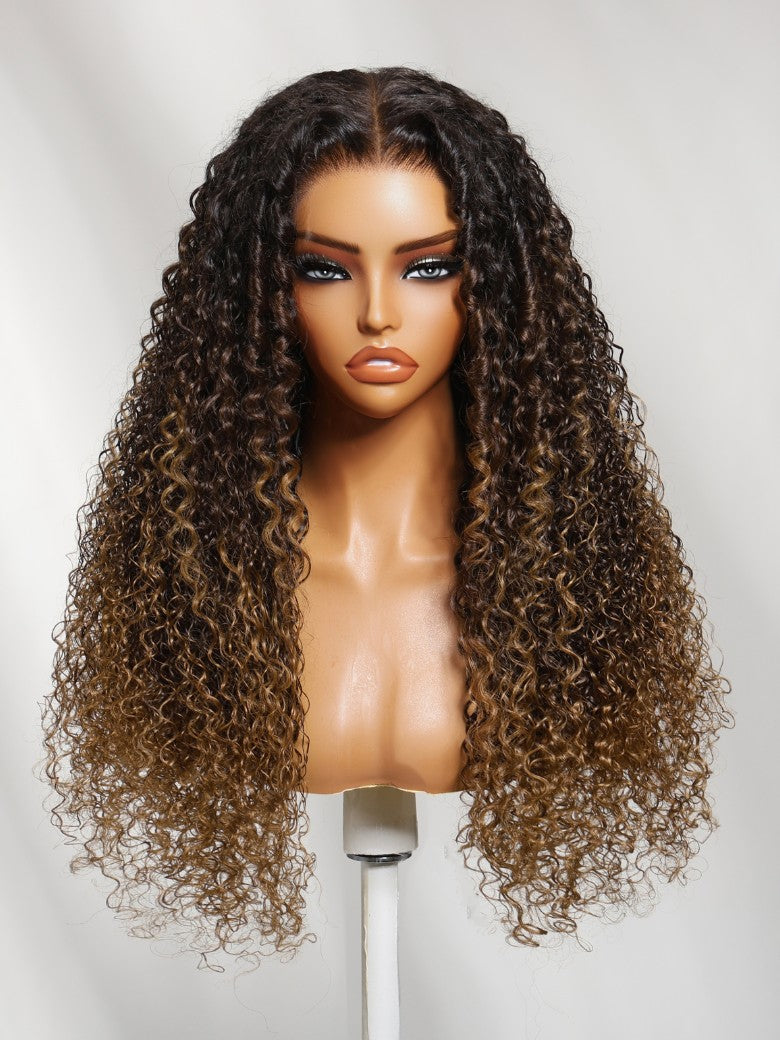 Sunber 7x5 Pre Cut Dark Brown Ombre With Caramel Ends Curly Wave Lace Wig With Finger Coil Defined Curls