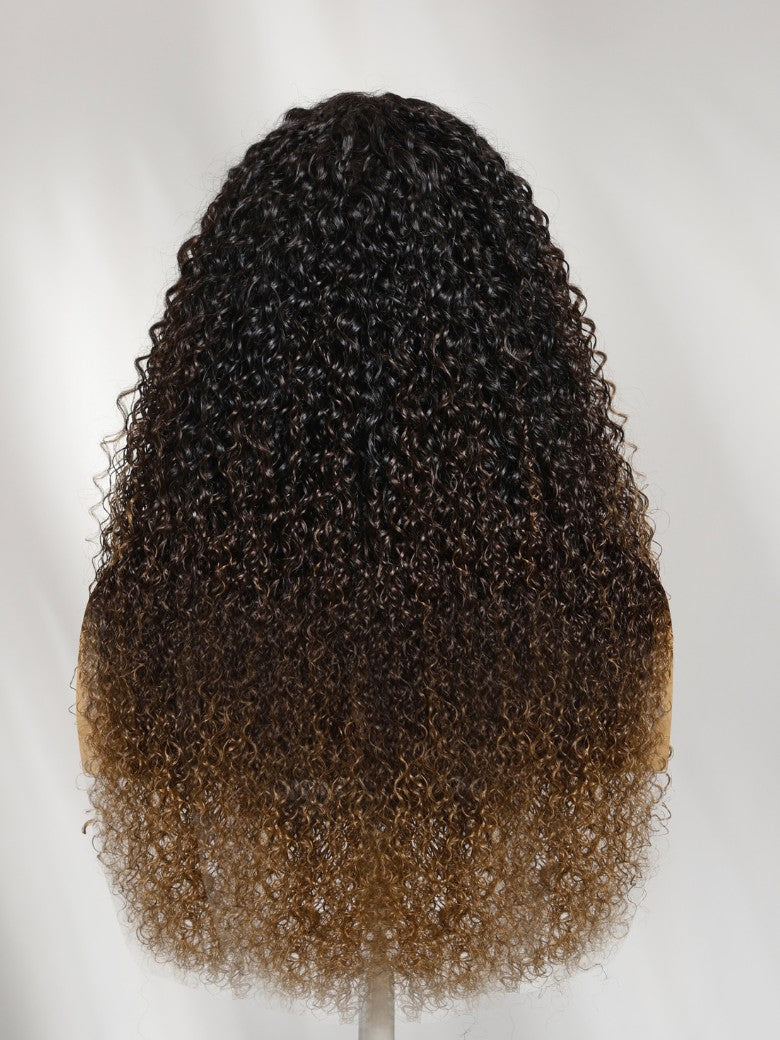 Sunber 7x5 Pre Cut Dark Brown Ombre With Caramel Ends Curly Wave Lace Wig With Finger Coil Defined Curls