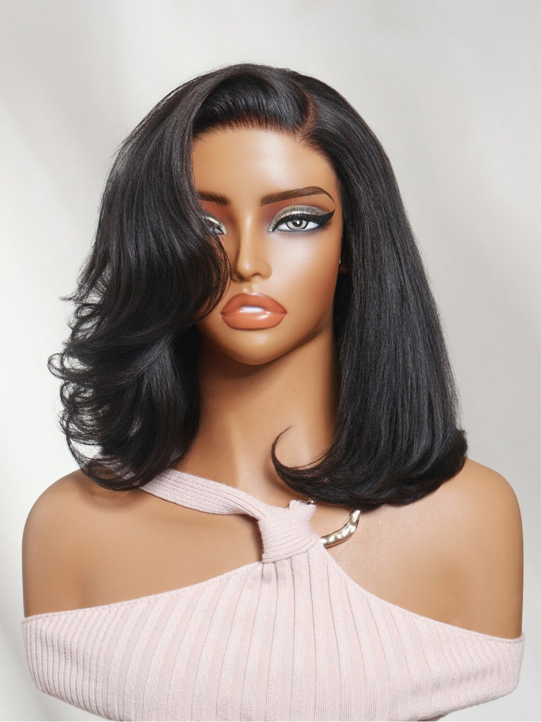 Sunber 7x5 Pre Cut Sleek Straight Shoulder-Length Bob Lace Wig With Face-framing Soft Curled Ends Layers