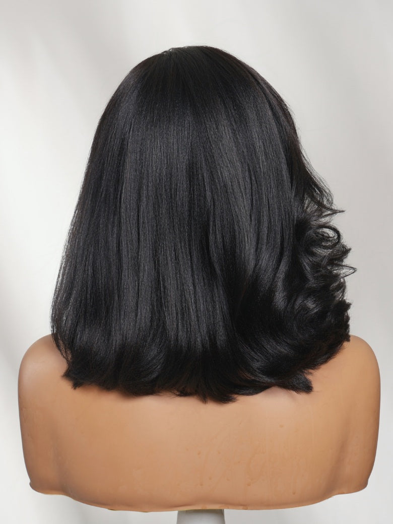 Sunber 7x5 Pre Cut Sleek Straight Shoulder-Length Bob Lace Wig With Face-framing Soft Curled Ends Layers