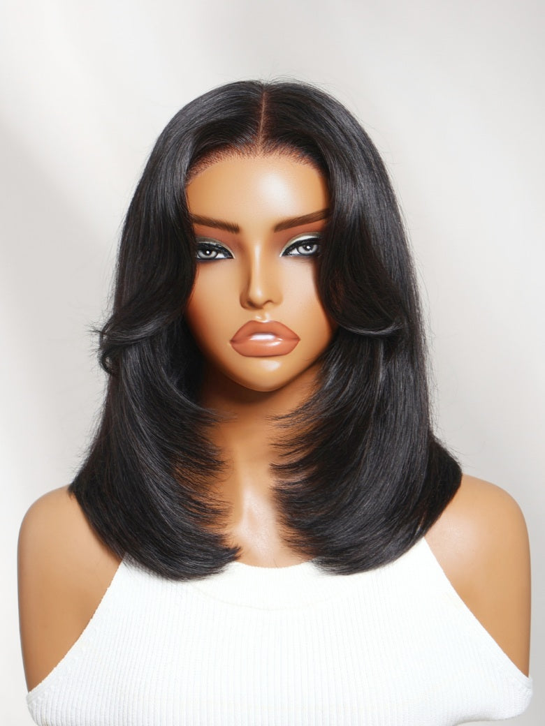 Sunber 7x5 Pre Cut Blowout Bob Shoulder Length Straight Lace Wig With Face-framing feathered layers
