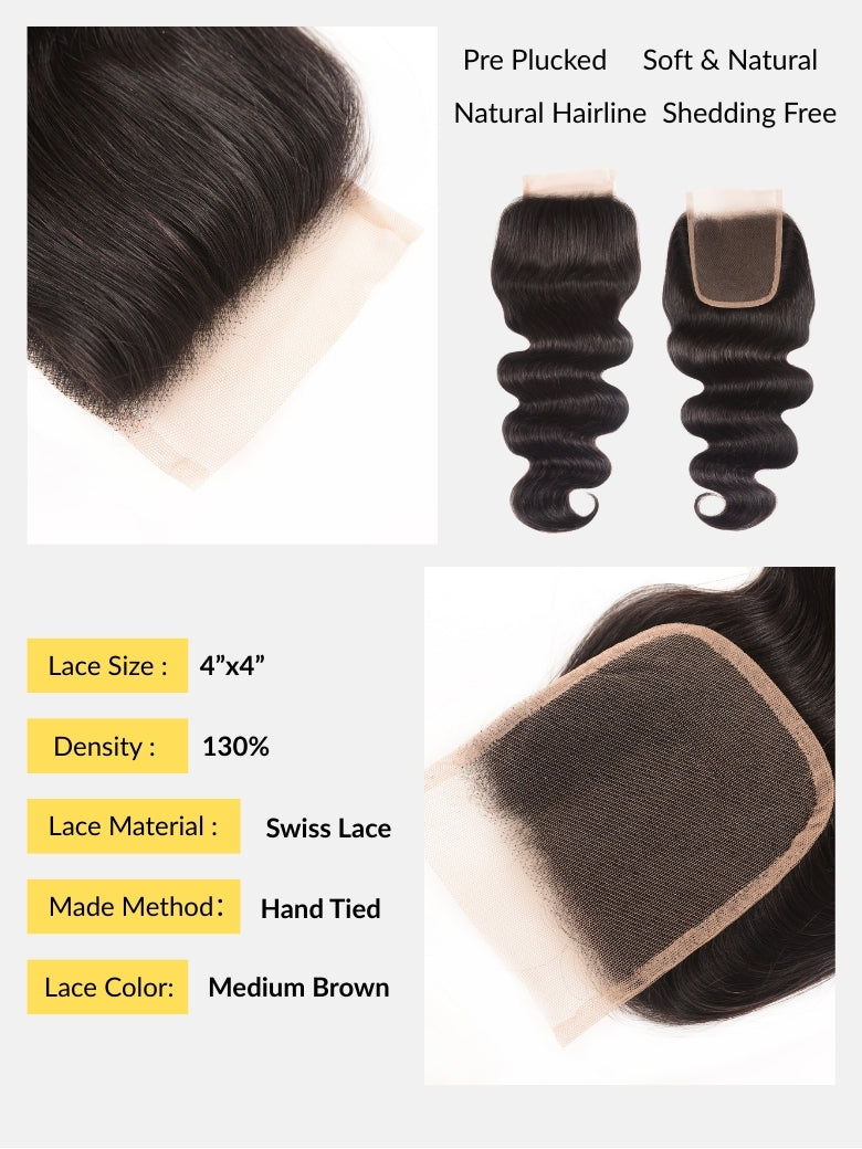 Sunber 1pcs 4*4 Lace Closure Body Wave Hairstyle, Three/Middle/Free Part Swiss Lace Closure