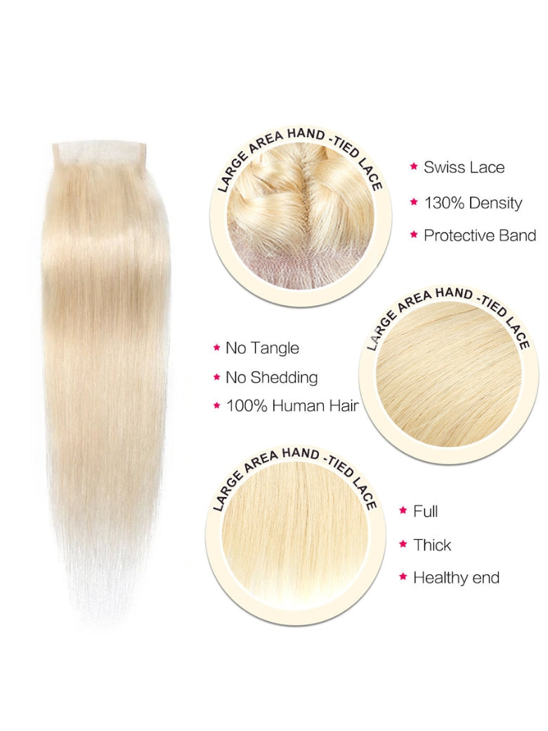Sunber Hair 3 Bundles 613 Blonde Straight Human Hair Weaves With 4X4 Lace Closure