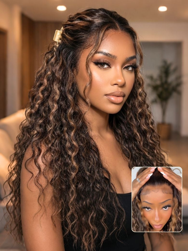 Sunber 7x5 Pre Cut Golden Brown Highlights Water Wave Bye Bye Knots Lace Closure Wig With Pre Bleached Tiny Knots