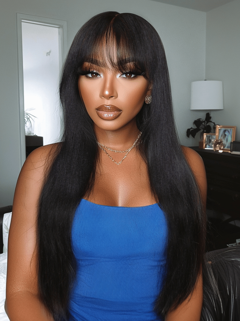 Sunber 7x5 Pre Cut Yaki Straight Natural Black Human Hair Glueless Lace Wig With Bangs