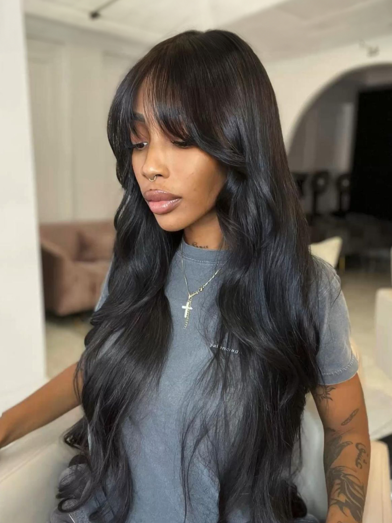 Sunber 7x5 Pre Cut Yaki Straight Natural Black Human Hair Glueless Lace Wig With Bangs