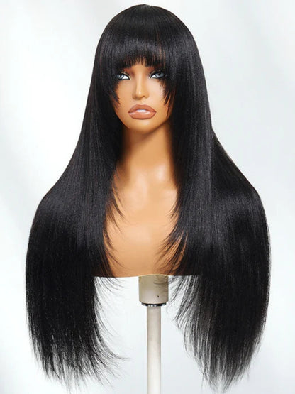 Sunber 7x5 Pre Cut Yaki Straight Natural Black Human Hair Glueless Lace Wig With Bangs