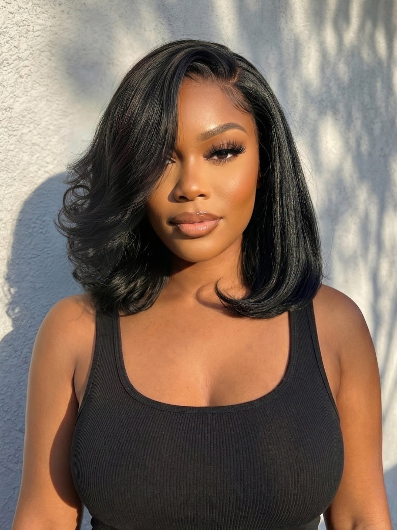 Sunber 7x5 Pre Cut Sleek Straight Shoulder-Length Bob Lace Wig With Face-framing Soft Curled Ends Layers
