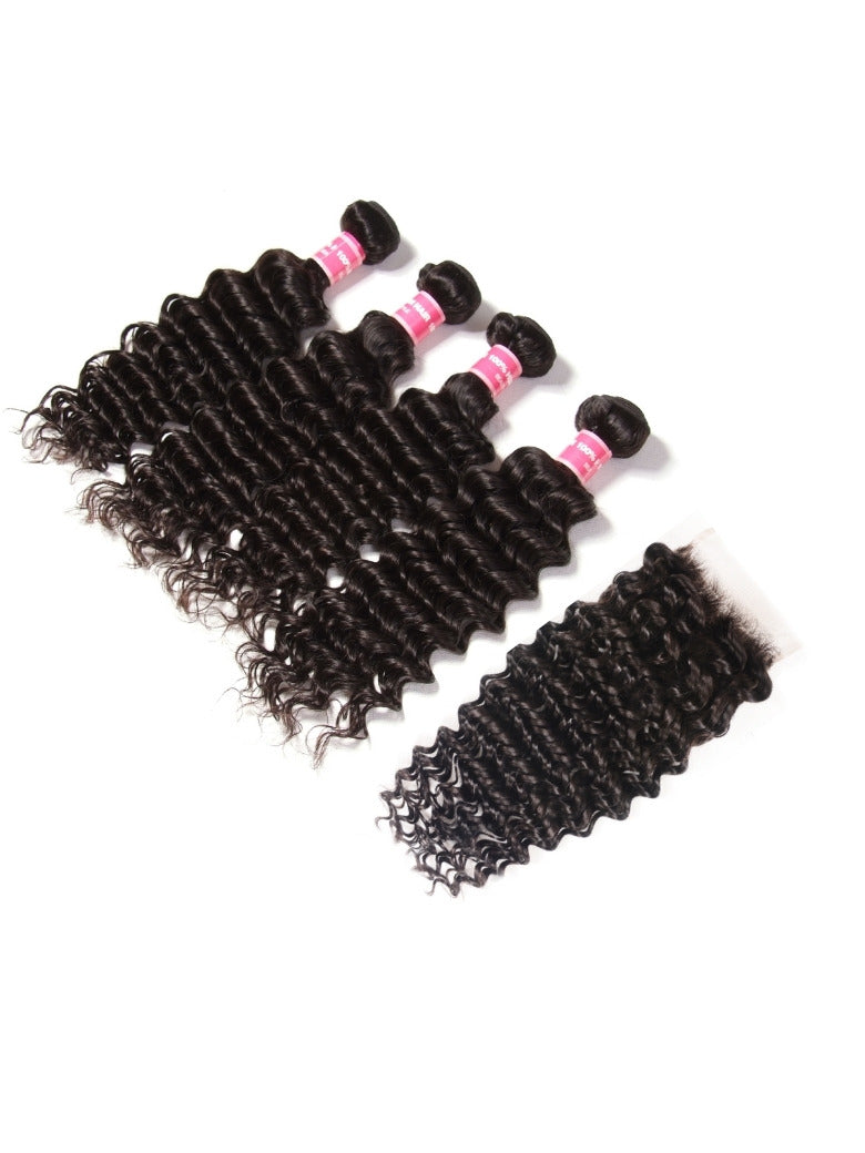 Sunber Deep Wave 4 Bundles Human Hair Weave With 4x4 Lace Closure Free Part Flash Sale