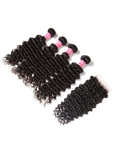 Sunber Deep Wave 4 Bundles Human Hair Weave With 4x4 Lace Closure Free Part Flash Sale