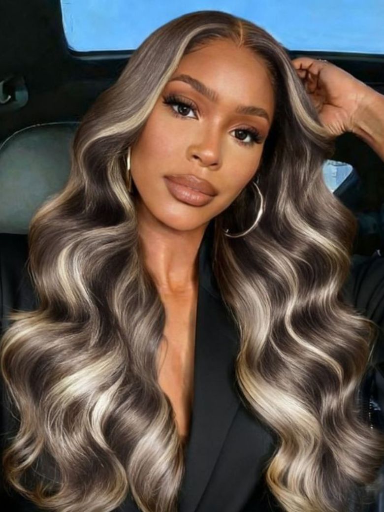 Sunber 13x4 Pre Everything Smoky Brown Ombre with Platinum Blonde Highlights Lace Frontal Wig