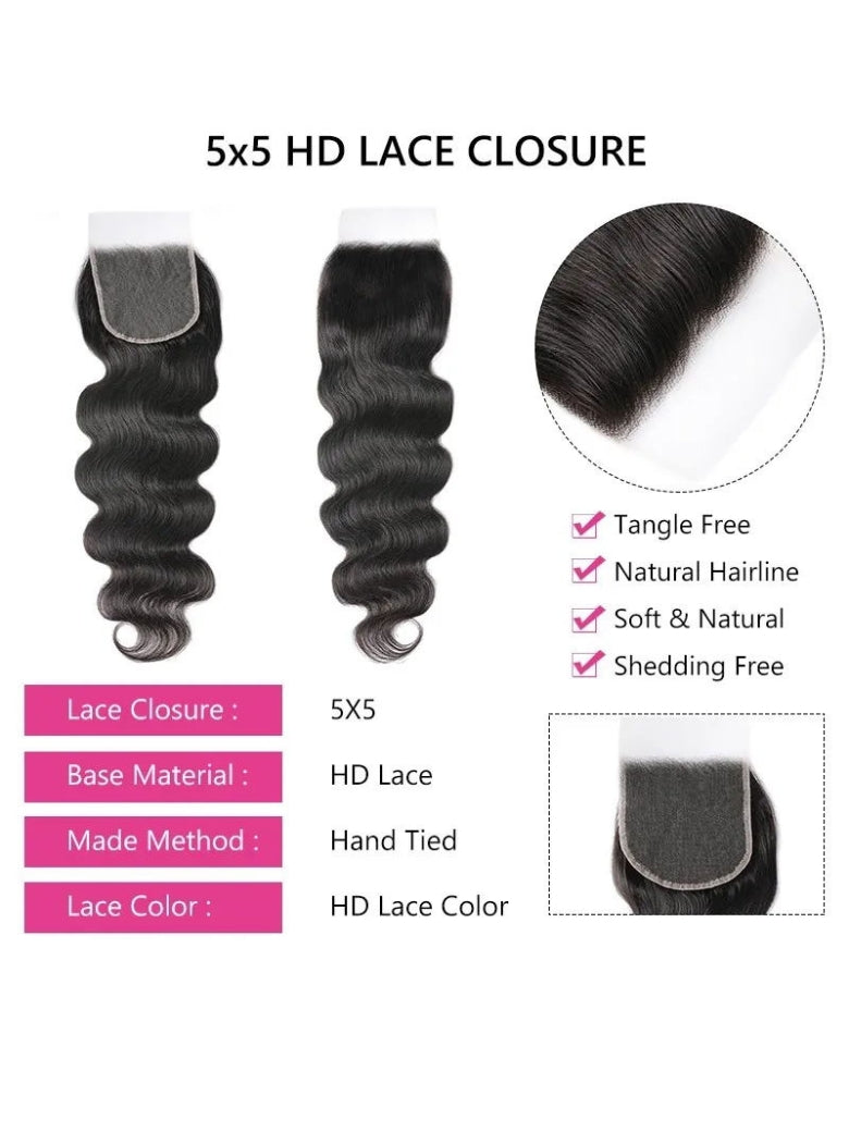 Sunber 1 Pc 5x5 HD Lace Closure Body Wave Hair Deep Parting Transparent Lace Closure Invisible Knots Human Hair Closure