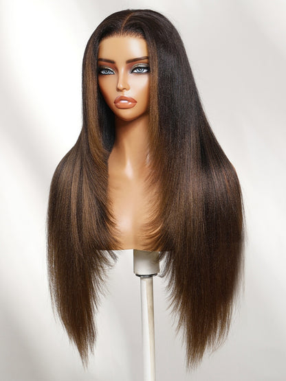 Sunber 7x5 Bye Bye knots Ombre Chestnut Brown Face-framing Feathered Layers Yaki Straight With Invisi Drawstring