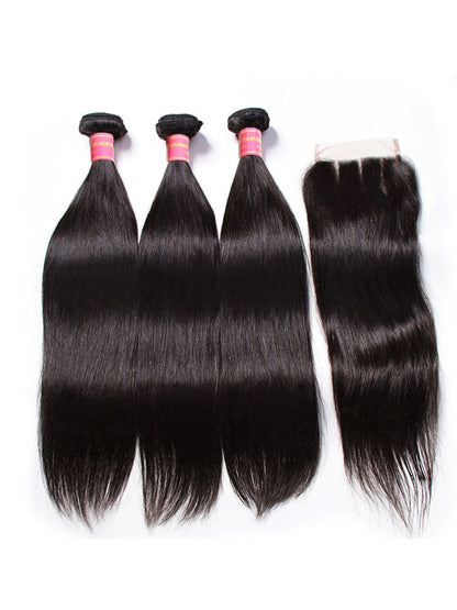 Sunber Hair Brazilian Virgin Hair Silky Straight Hair 3 Bundles Human Hair Weaves With 4x4 Lace Closure Flash Sale