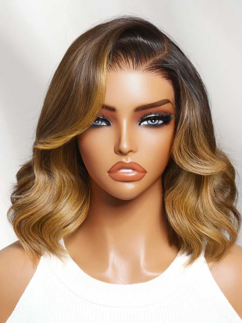 Sunber 7x5/ 13x4 Pre Everything Brown Highlights with Dark Root Body Wave Lace Frontal Wig With Layers Shoulder Flip-Out Curls