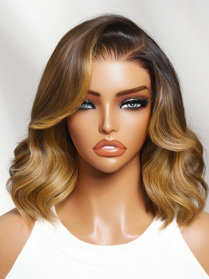 Sunber 7x5/ 13x4 Pre Everything Brown Highlights with Dark Root Body Wave Lace Frontal Wig With Layers Shoulder Flip-Out Curls