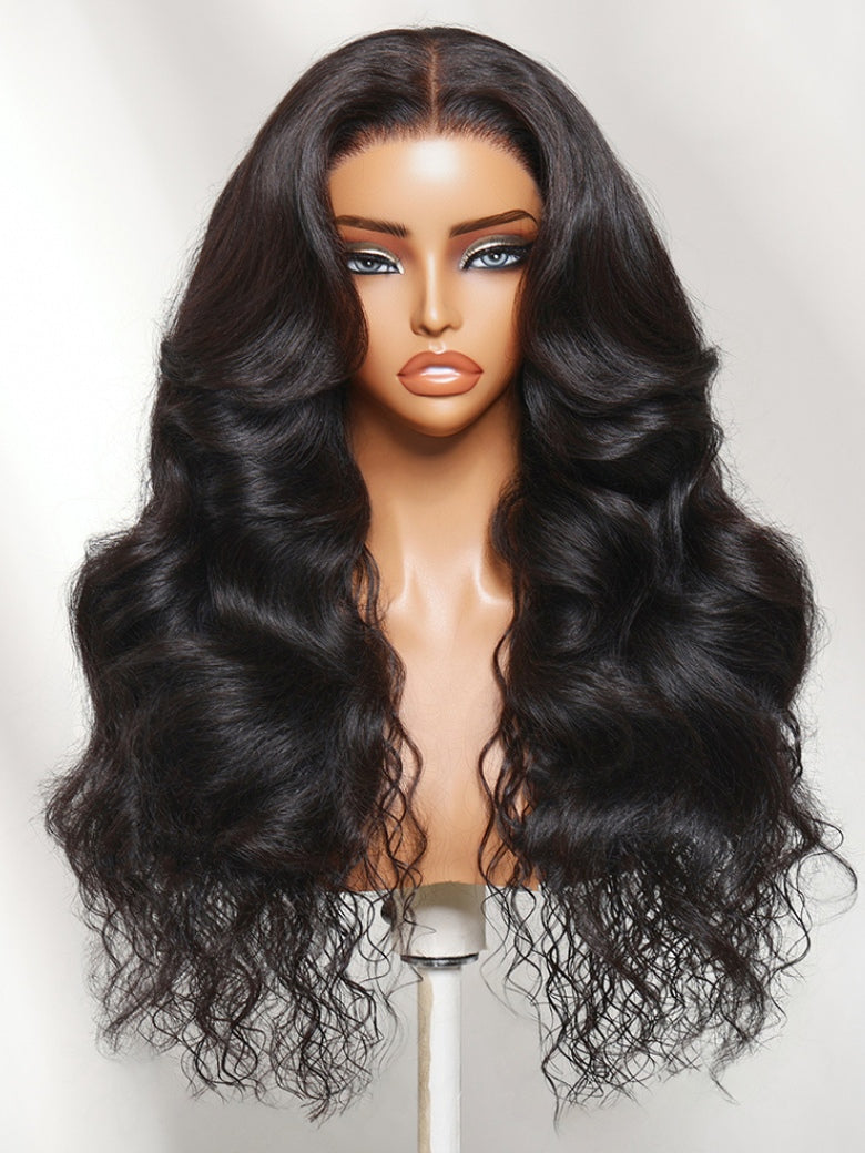 Sunber 180% Density 7x5 Bye Bye Knots Lace Water Wave Wig Layered Body Wave Style With Curtain Bangs