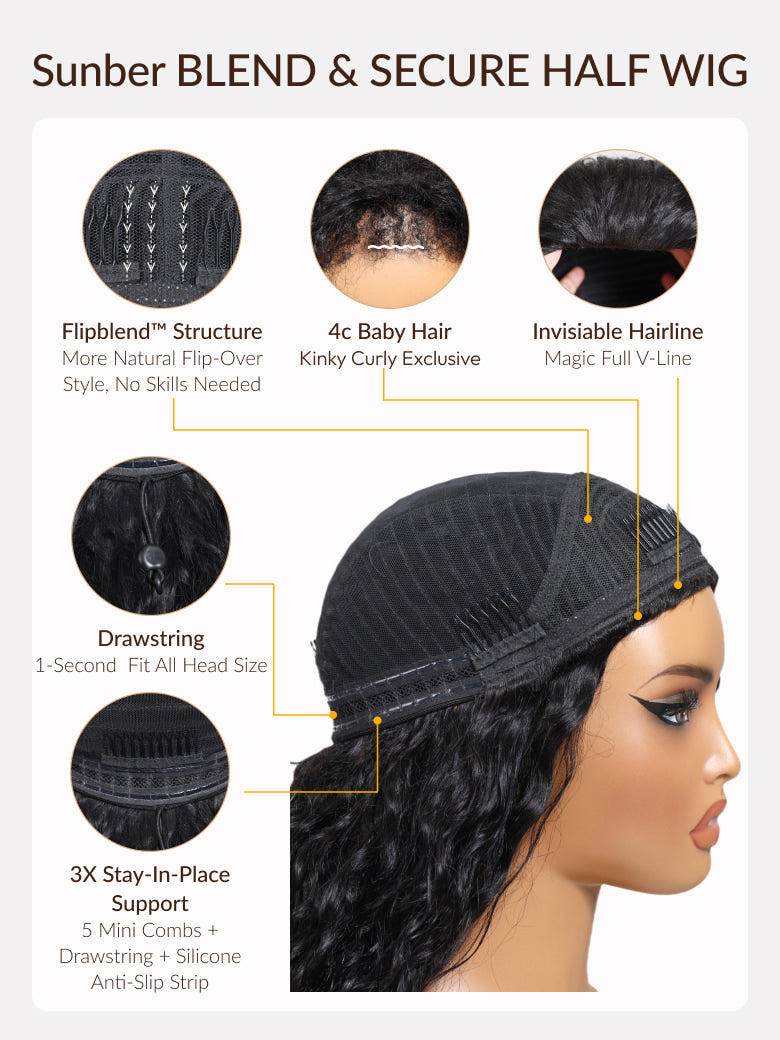 Sunber Blend & Secure Blow-out Natural Black Yaki Straight Bob Half Wig With Invisi Drawstring