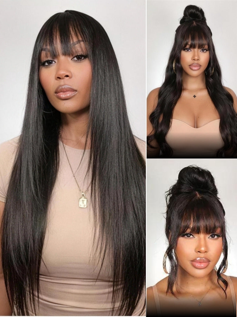 Sunber 7x5 Pre Cut Yaki Straight Natural Black Human Hair Glueless Lace Wig With Bangs
