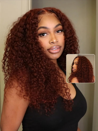Sunber 7×5 Pre Cut Lace Reddish Brown Jerry Curly Bye Bye Knots Wig With Invisi Drawstring