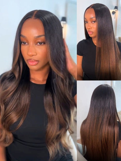 $100 Off| SunberPut On and Go Ombre Chestnut Brown 7x5 Bye-Bye Knots Yaki Straight Short Bob Wig with Invisi Drawstring
