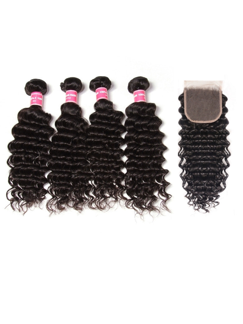 Sunber Deep Wave 4 Bundles Human Hair Weave With 4x4 Lace Closure Free Part Flash Sale