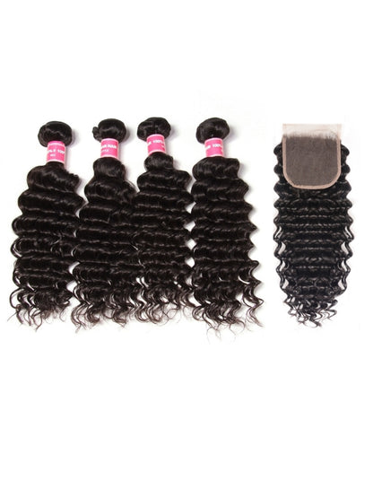 Sunber Deep Wave 4 Bundles Human Hair Weave With 4x4 Lace Closure Free Part Flash Sale