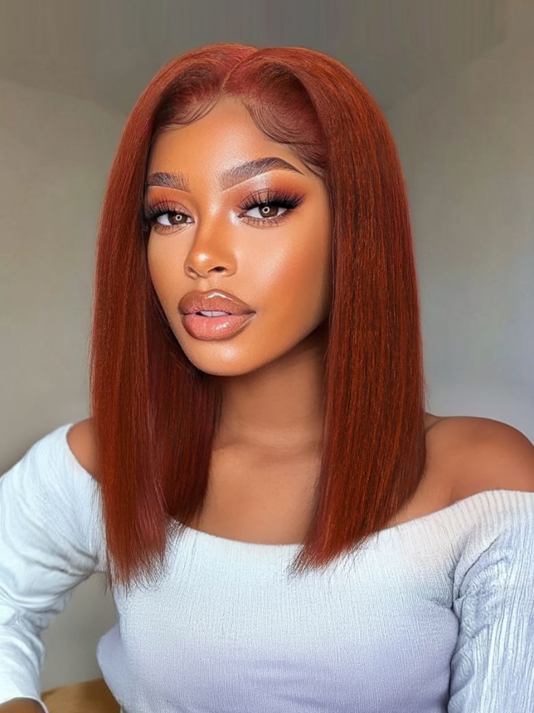 Sunber 7x5 Pre Cut Lace Reddish Brown Yaki Straight Bob/Jerry Curly Bye Bye Knots Gluelesss Invisible Knots Wig With Invisi Drawstring Flash Sale