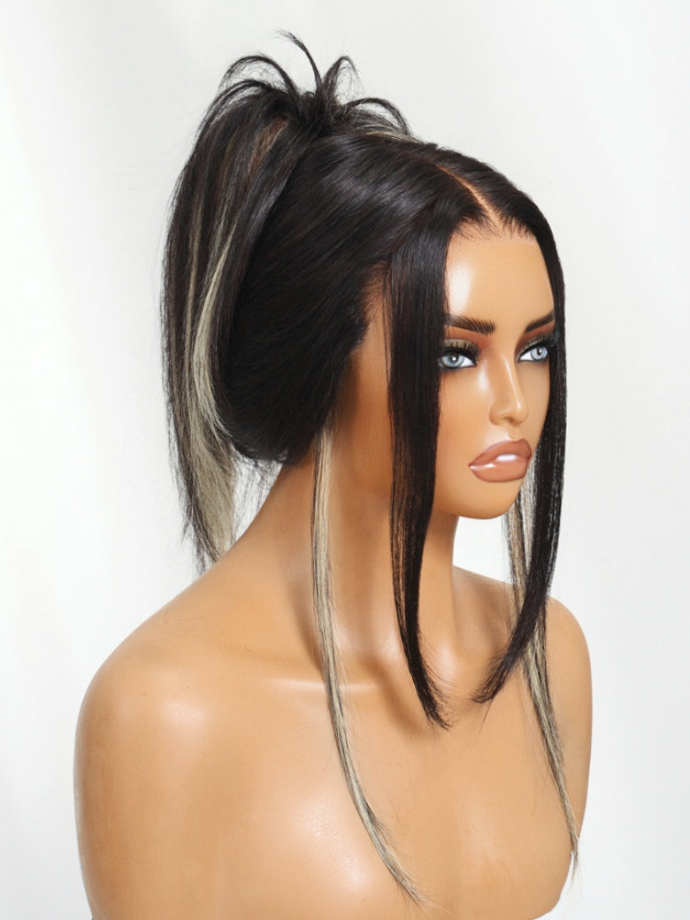 Sunber 7x5 Pre Cut Black Blond Straight Layered Peekaboo Highlights Lace Wigs With Invisi Drawstring