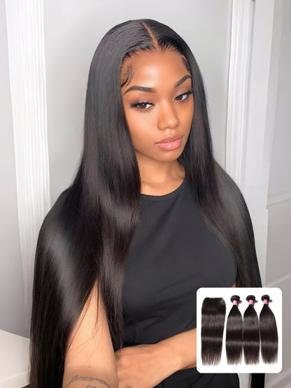 Sunber Hair 3 Bundles Straight Hair With 4*4 Transparent Lace Closure Flash Sale