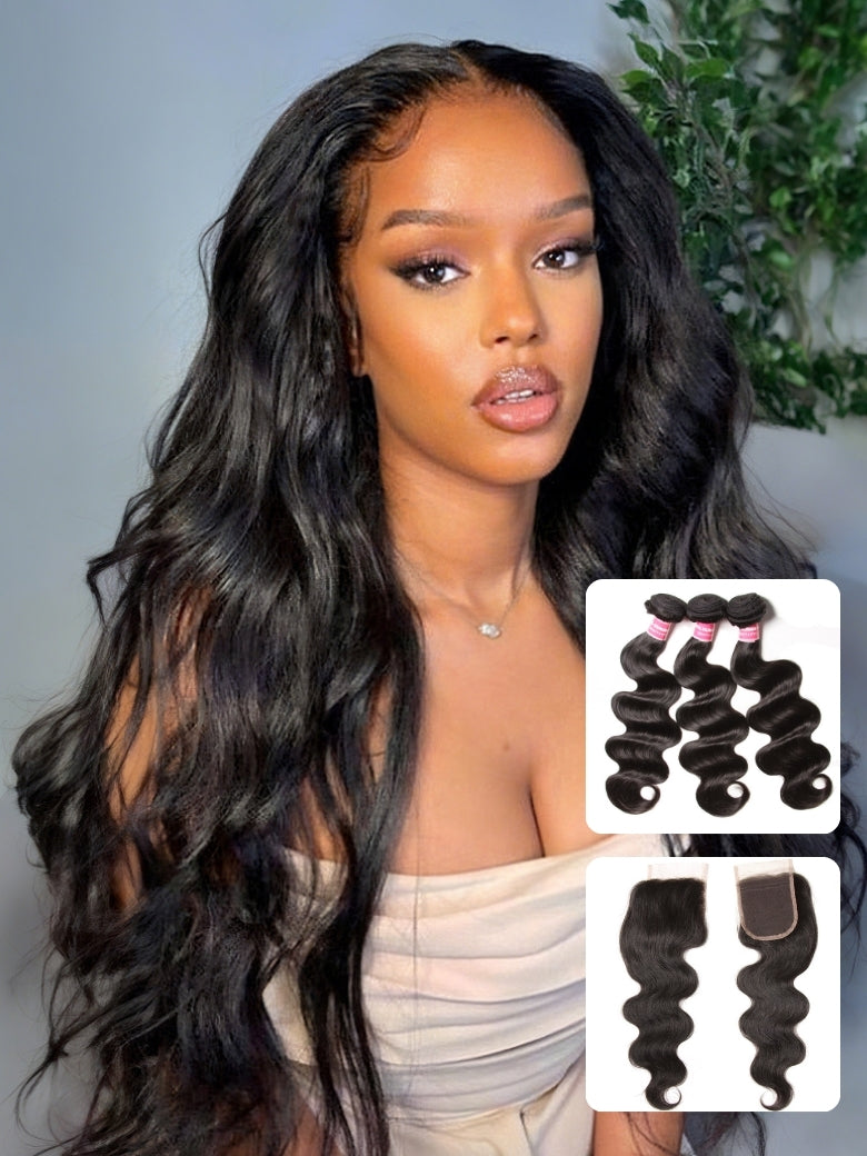 Sunber Malaysian Body Wave 3 Bundles Weaves with 4x4 Lace Closure Affordable Remy Human Hair Flash Sale