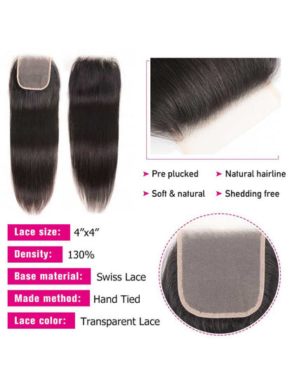 Sunber Hair 3 Bundles Straight Hair With 4*4 Transparent Lace Closure Flash Sale