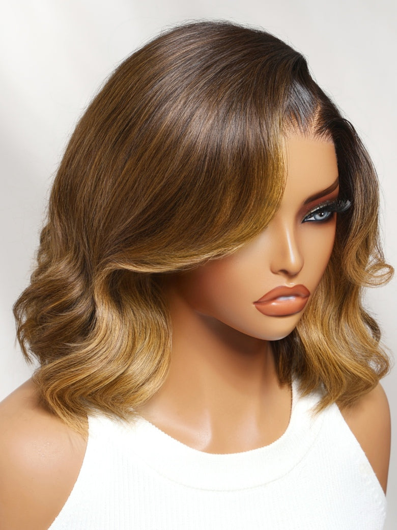 Sunber 7x5/ 13x4 Pre Everything Brown Highlights with Dark Root Body Wave Lace Frontal Wig With Layers Shoulder Flip-Out Curls