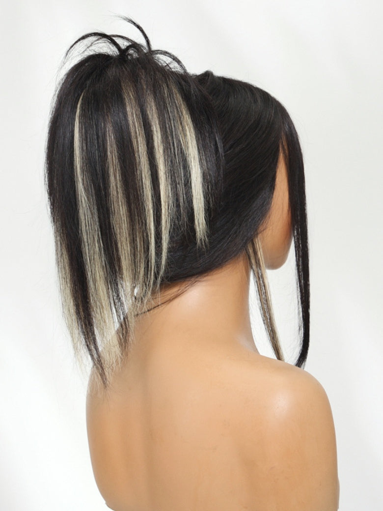 Sunber 7x5 Pre Cut Black Blond Straight Layered Peekaboo Highlights Lace Wigs With Invisi Drawstring