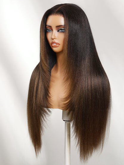 Sunber 7x5 Bye Bye knots Ombre Chestnut Brown Face-framing Feathered Layers Yaki Straight With Invisi Drawstring