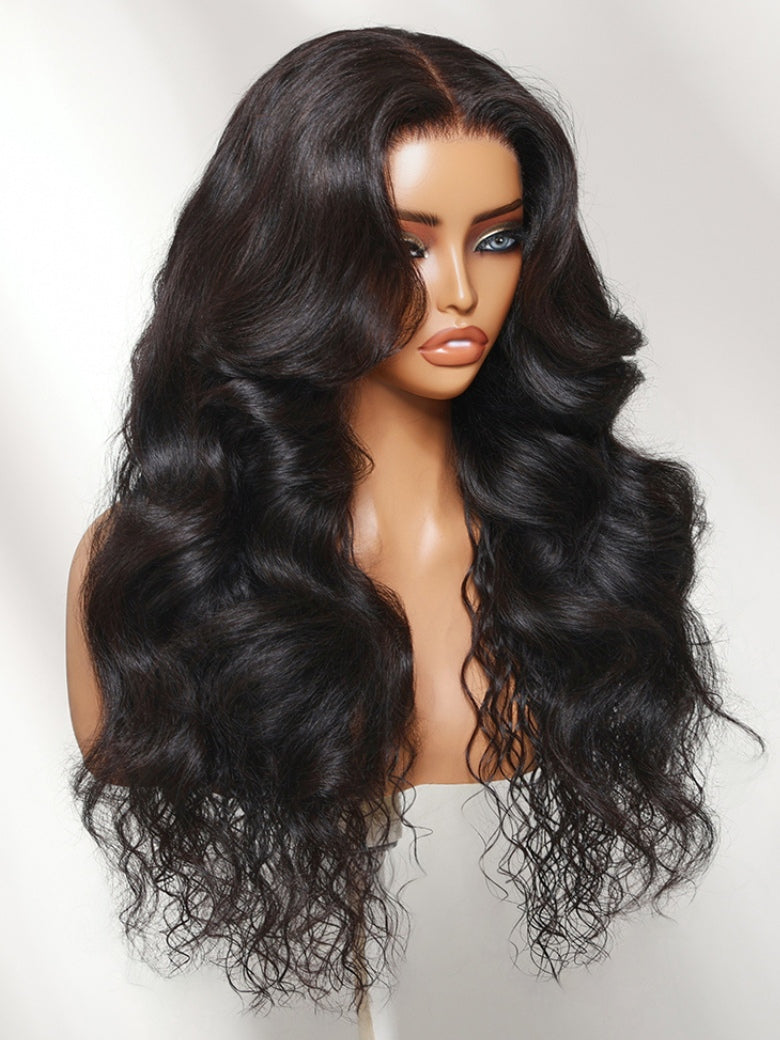 Sunber 180% Density 7x5 Bye Bye Knots Lace Water Wave Wig Layered Body Wave Style With Curtain Bangs