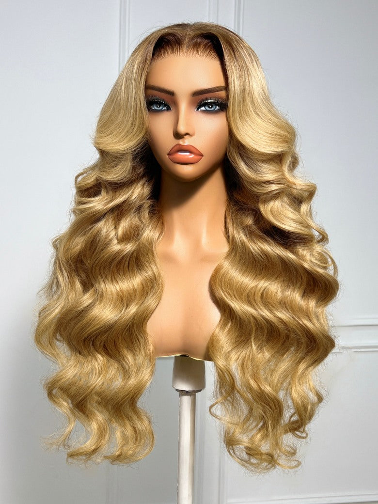 Sunber 7x5 Pre Cut Sun-kissed Golden Ombre Honey Blonde Long Body Wave Lace Frontal Wig With Brown Roots